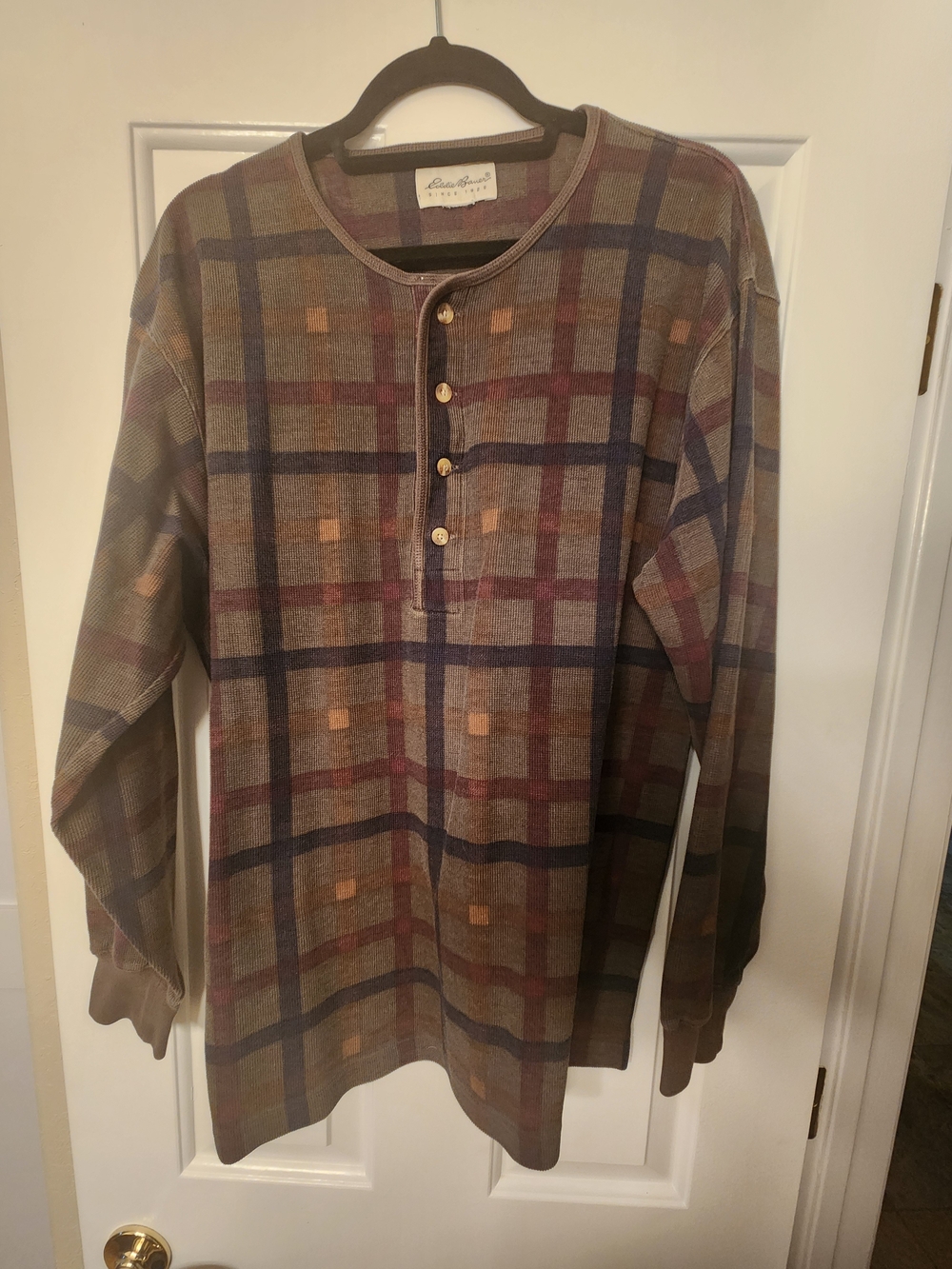 Eddie Bauer Men's Long-Sleeve Plaid Henley Shirt - Olive Multi Color XL